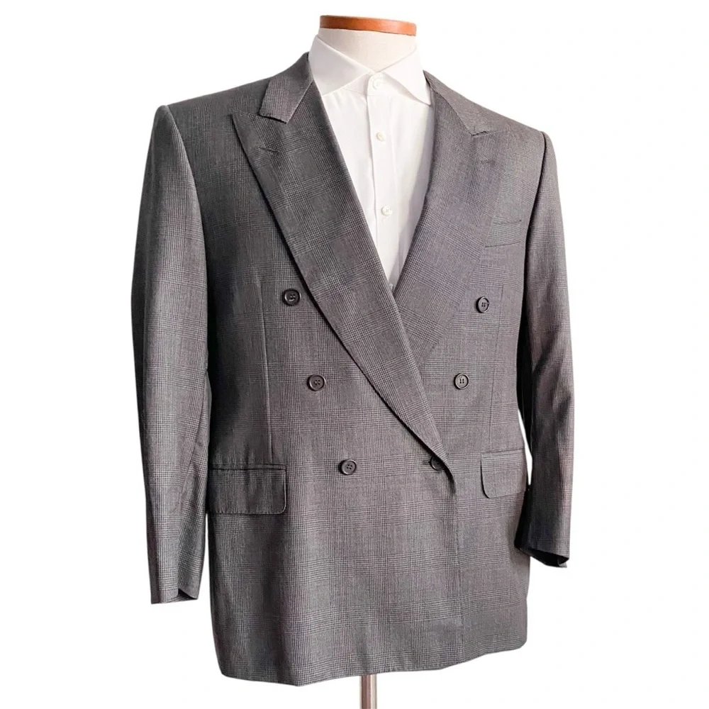 Canali Wool Gray Double Breasted Houndstooth Check Blazer Tuxedo Sport Coat 52S